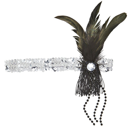 Cerchietto argento con paillettes e piume