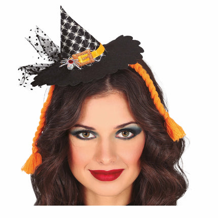 Cerchietto Halloween Mini Cappello Strega Trecce Arancione