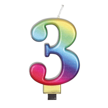 Candela arcobaleno 3 anni metallizzata 8 cm