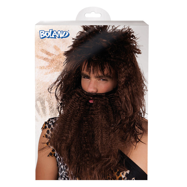 Parrucca marrone da cavernicolo con barba