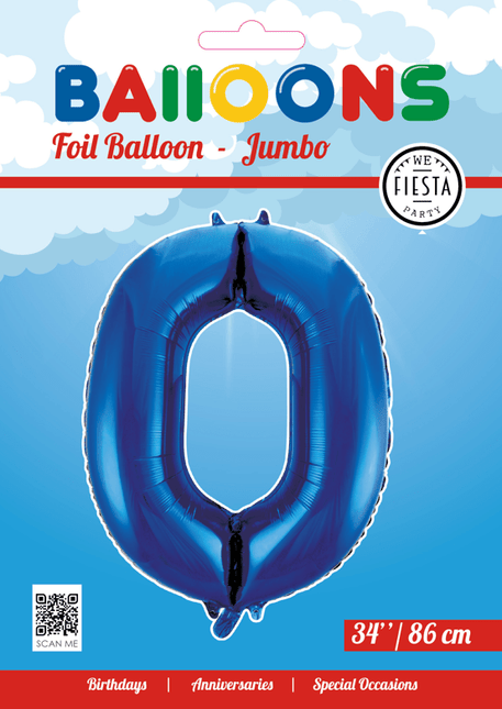 Folie Ballon Cijfer 0 Blauw XL 86cm leeg - Partywinkel - 5712735007258