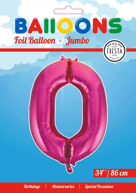 Folie Ballon Cijfer 0 Fuchsia XL 86cm leeg - Partywinkel - 5712735007166