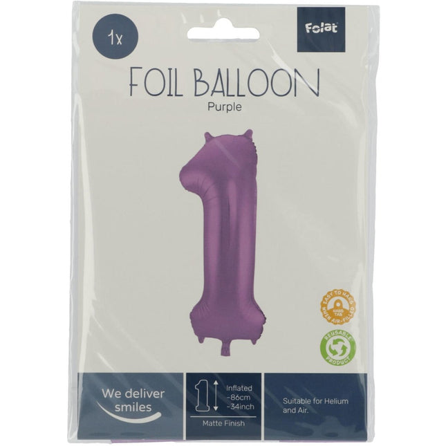 Folie Ballon Cijfer 1 Mat Paars XL 86cm leeg van Folat koop je bij Partywinkel