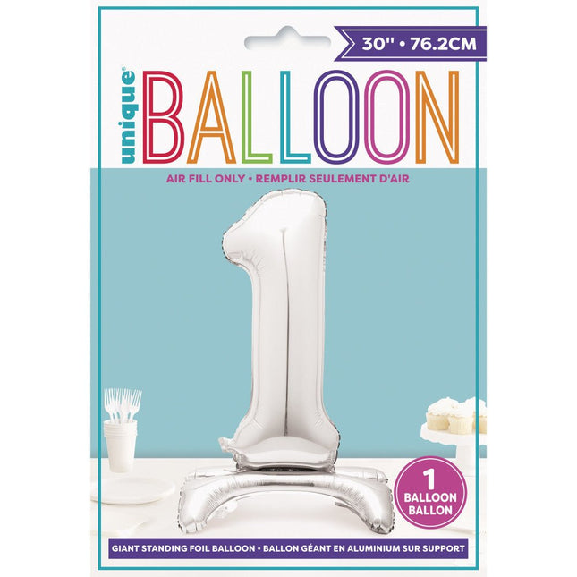 Folie Ballon Cijfer 1 Zilver Standaard 76cm van Unique koop je bij Partywinkel