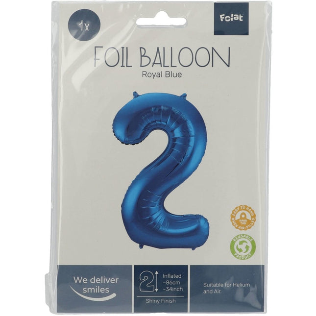 Folie Ballon Cijfer 2 Blauw Metallic XL 86cm leeg van Folat koop je bij Partywinkel