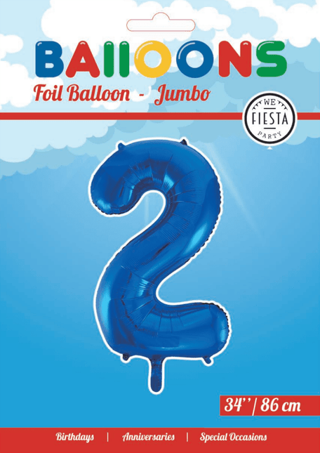 Folie Ballon Cijfer 2 Blauw XL 86cm leeg - Partywinkel - 5712735007173