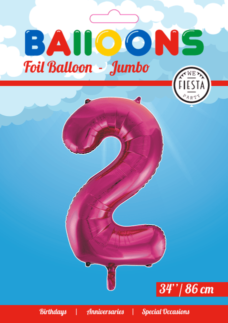 Folie Ballon Cijfer 2 Fuchsia XL 86cm leeg - Partywinkel - 5712735007081