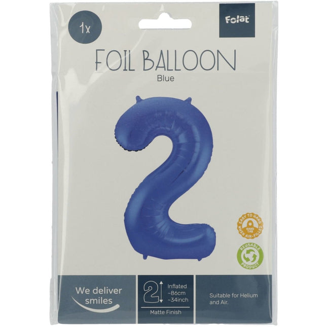 Folie Ballon Cijfer 2 Mat Blauw XL 86cm leeg van Folat koop je bij Partywinkel
