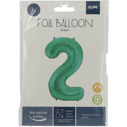 Folie Ballon Cijfer 2 Mat Groen XL 86cm leeg van Folat koop je bij Partywinkel