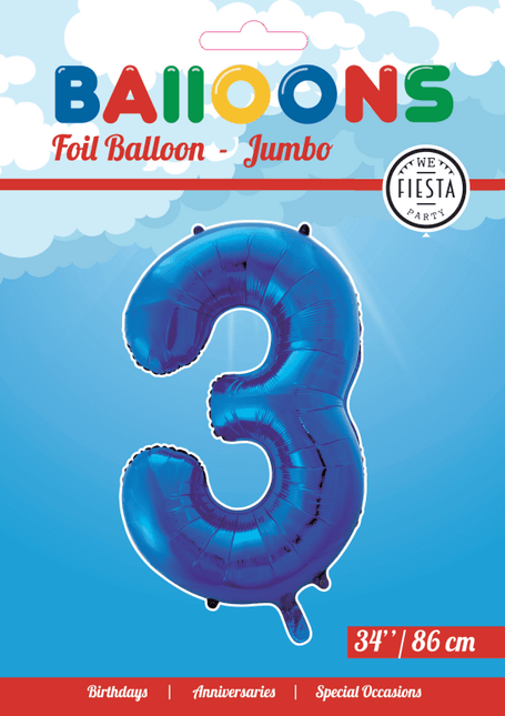 Folie Ballon Cijfer 3 Blauw XL 86cm leeg - Partywinkel - 5712735007180
