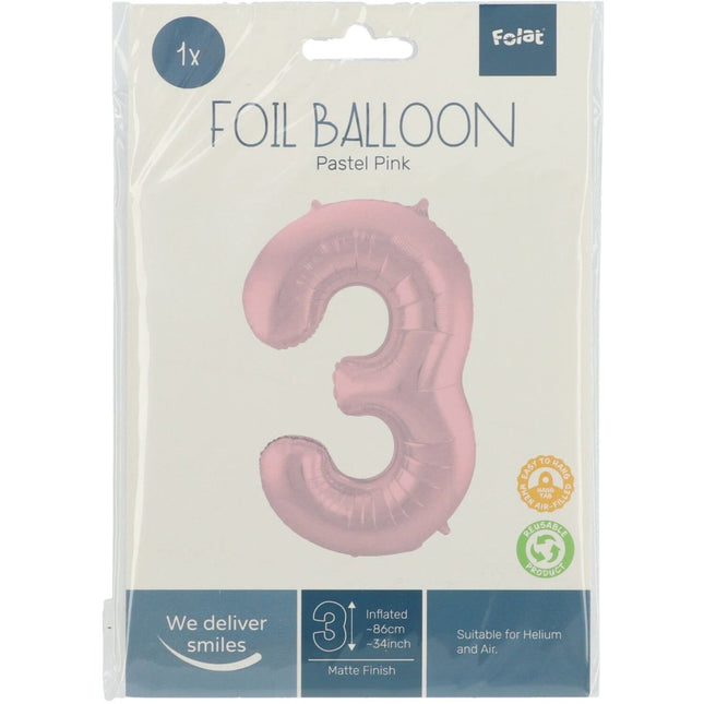 Folie Ballon Cijfer 3 Pastel Roze XL 86cm leeg van Folat koop je bij Partywinkel