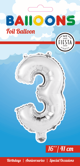 Folie Ballon Cijfer 3 Zilver 41cm met Rietje van WeFiesta koop je bij Partywinkel
