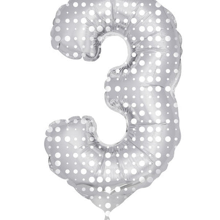 Folie Ballon Cijfer 3 Zilveren Stippen XL 86cm leeg van Folat koop je bij Partywinkel