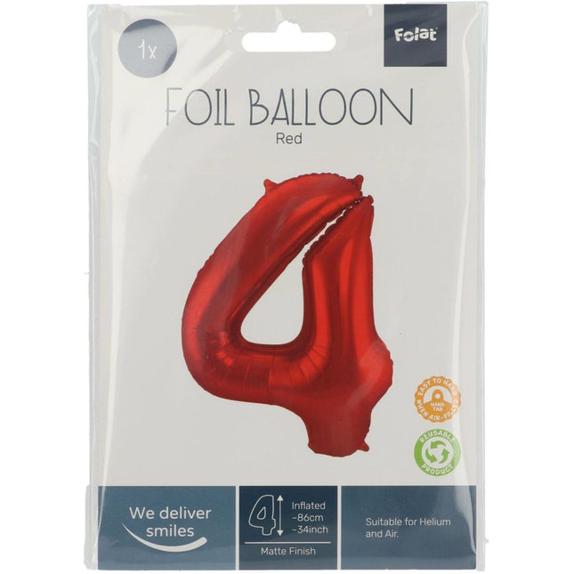 Folie Ballon Cijfer 4 Mat Rood XL 86cm leeg van Folat koop je bij Partywinkel