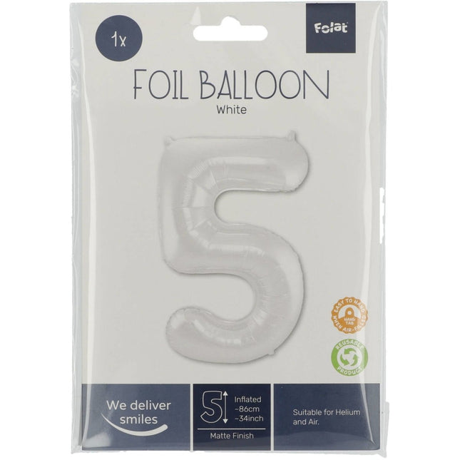 Folie Ballon Cijfer 5 Mat Wit XL 86cm leeg van Folat koop je bij Partywinkel