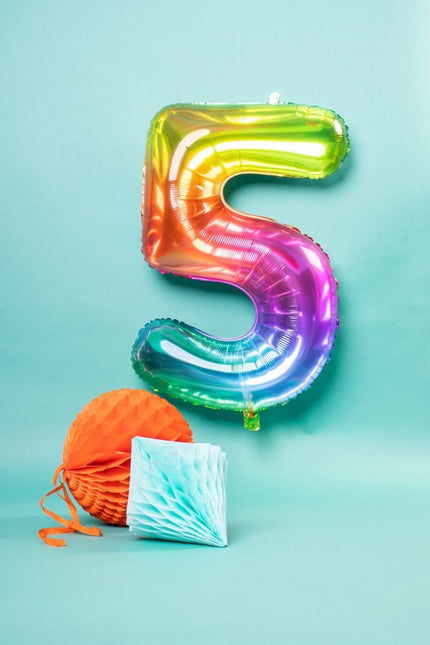 Folie Ballon Cijfer 5 Regenboog XL 81cm leeg van Folat koop je bij Partywinkel