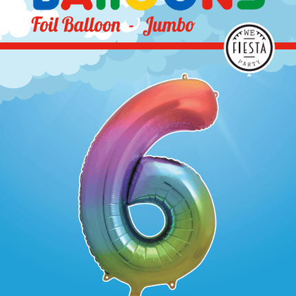 Folie Ballon Cijfer 6 Regenboog XL 86cm leeg van WeFiesta koop je bij Partywinkel