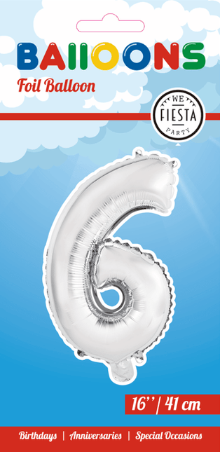 Folie Ballon Cijfer 6 Zilver 41cm met Rietje van WeFiesta koop je bij Partywinkel