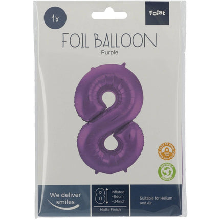 Folie Ballon Cijfer 8 Mat Paars XL 86cm leeg van Folat koop je bij Partywinkel