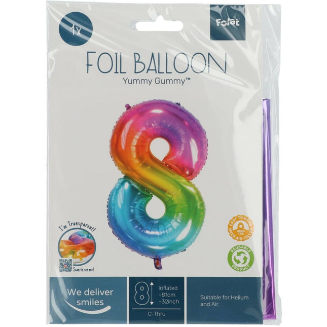 Folie Ballon Cijfer 8 Regenboog XL 81cm leeg van Folat koop je bij Partywinkel