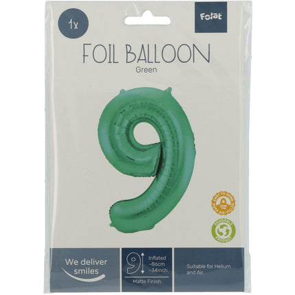 Folie Ballon Cijfer 9 Mat Groen XL 86cm leeg van Folat koop je bij Partywinkel