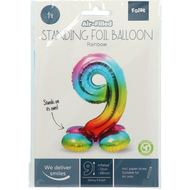 Folie Ballon Cijfer 9 Regenboog met standaard 72cm van Folat koop je bij Partywinkel