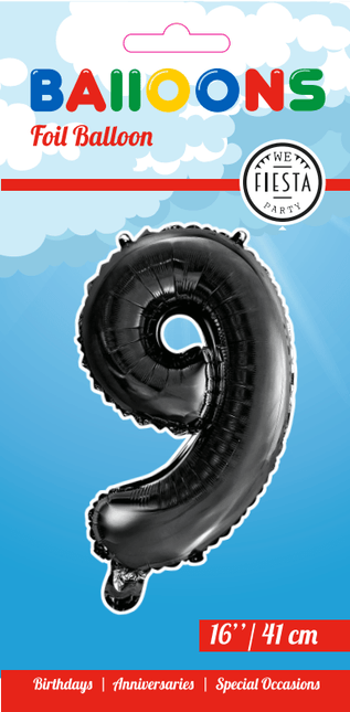 Folie Ballon Cijfer 9 Zwart 41cm met Rietje van WeFiesta koop je bij Partywinkel