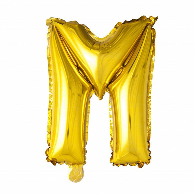 Folie Ballon Letter M Goud XL 102cm leeg van WeFiesta koop je bij Partywinkel