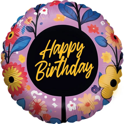 Palloncino ad elio "Buon compleanno" viola con fiori, vuoto, 45 cm