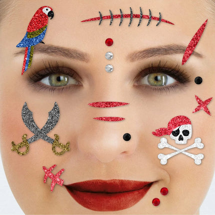 Tatuaggi finti rossi per il viso con glitter da pirata