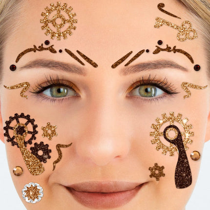 Tatuaggi finti marroni per il viso con glitter, stile steampunk e ottone