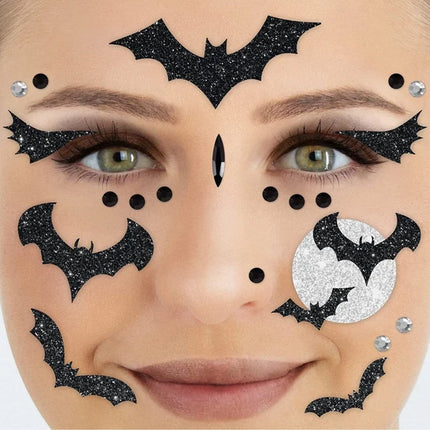 Adesivi con facce di pipistrello, neri con glitter