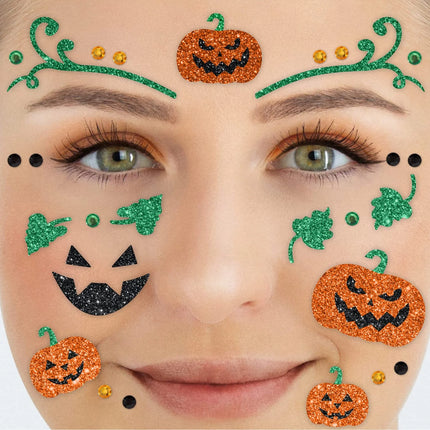 Tatuaggi temporanei verdi e arancioni per il viso con glitter a forma di zucca
