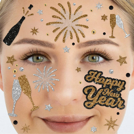 Tatuaggi temporanei dorati e argentati per il viso con glitter - Buon Anno Nuovo