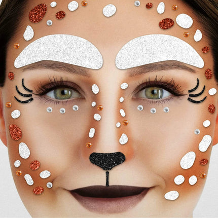 Tatuaggi finti marroni per il viso con glitter a forma di cervo