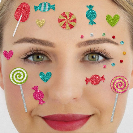 Tatuaggi temporanei colorati per il viso con glitter e caramelle per il 21° compleanno