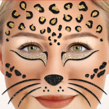 Tatuaggi finti marroni e neri per il viso con glitter leopardo