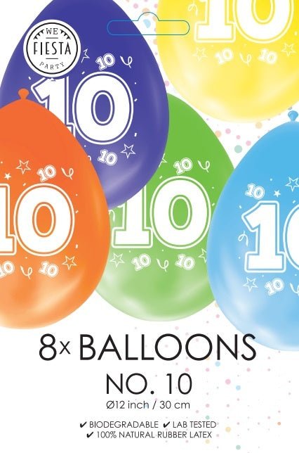 Gekleurde Ballonnen 10 Jaar 30cm 8st van WeFiesta koop je bij Partywinkel