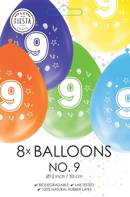 Gekleurde Ballonnen 9 Jaar 30cm 8st van WeFiesta koop je bij Partywinkel