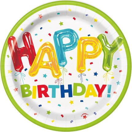 Gekleurde Happy Birthday Borden 18cm 8st van Unique koop je bij Partywinkel