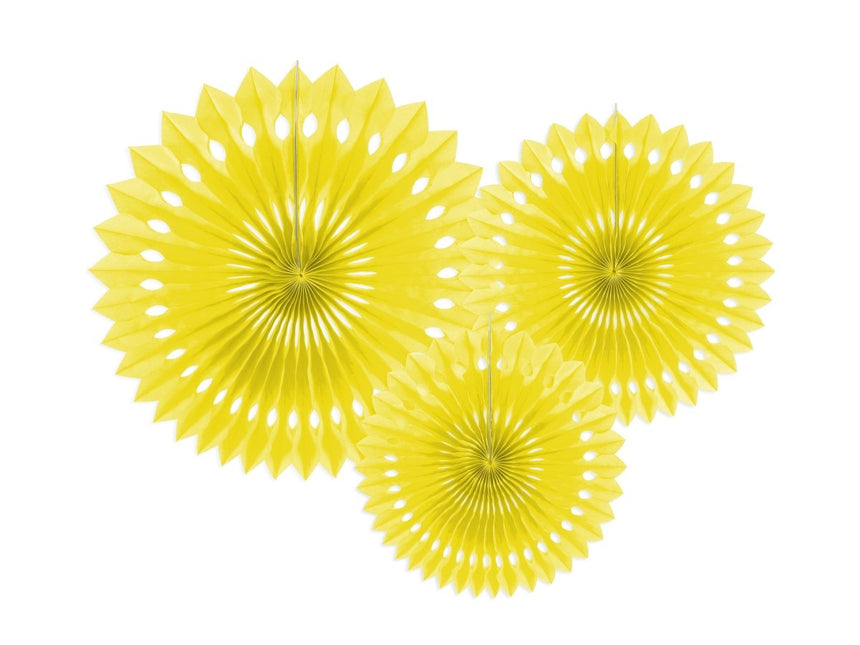 Gele Papieren Waaiers 20cm 3st van Partydeco koop je bij Partywinkel