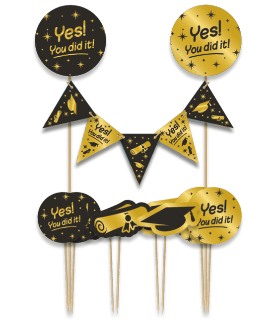 Geslaagd Taarttopper Zwart Goud 30cm - Partywinkel - 8716764241086