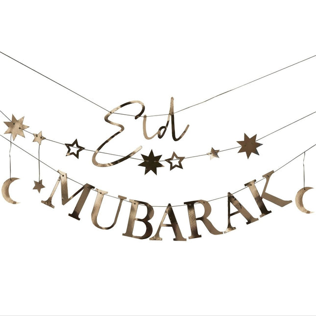 Gouden Ramadan Letterslinger Eid Mubarak 1,5m 3st van Ginger Ray koop je bij Partywinkel