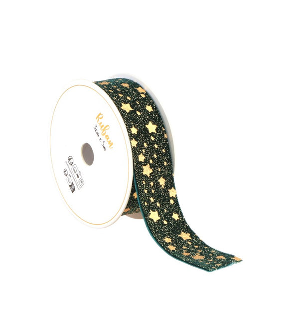 NASTRO DI VELLUTO VERDE/ORO STARDUST 25 MM X 3 M