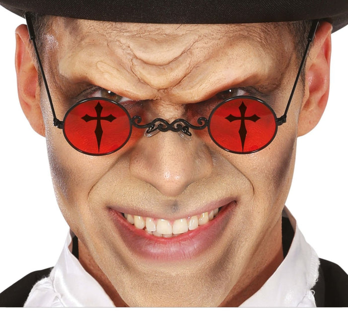 Halloween Bril Rood Zwart Kruis - Partywinkel - 8434077268360