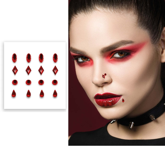 Halloween Gezicht Stickers Rood 16 delig - Partywinkel - 8434077159118