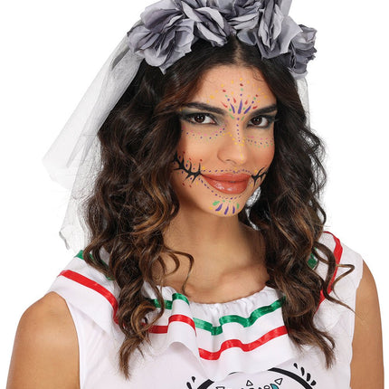 Halloween Haarband Grijs Sluier En Bloemen van Fiestas Guirca koop je bij Partywinkel
