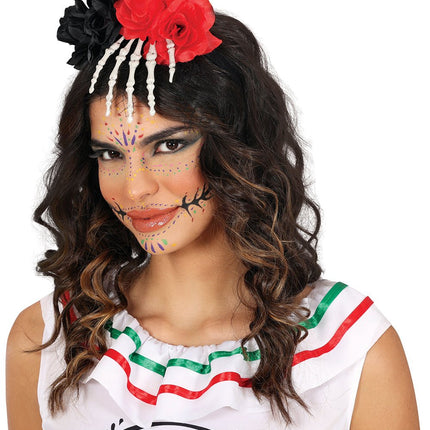 Halloween Haarband Skelet Hand Met Bloem van Fiestas Guirca koop je bij Partywinkel