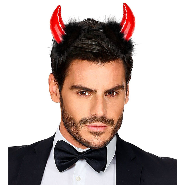 Halloween Haarband Zwart Rood Duivel Met Veren van Widmann koop je bij Partywinkel