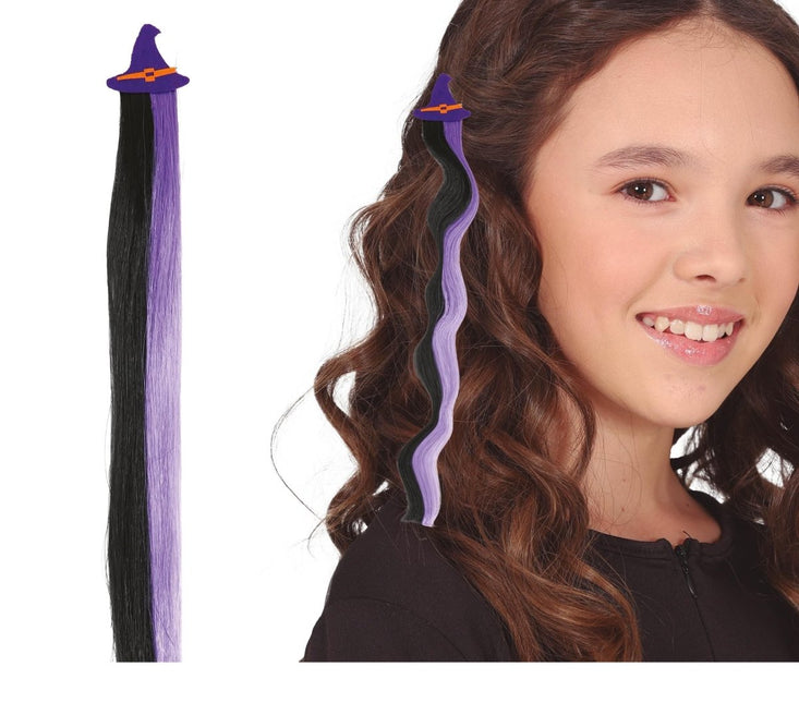 Halloween Hair Extension Zwart Paars 40cm - Partywinkel - 8434077480724